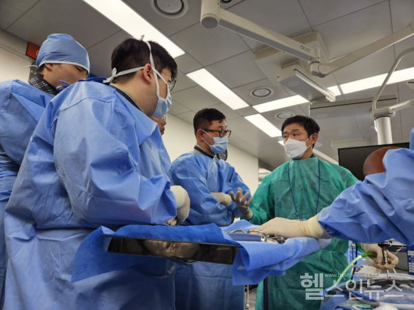 양방향척추내시경수술카데바실습강연진행중인홍영호센터장(우측)