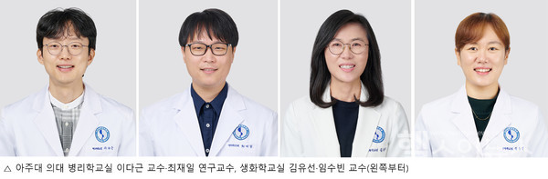 (왼쪽부터)아주대의대병리학교실이다근교수,최재일연구교수,생화학교실김유선·임수빈교수