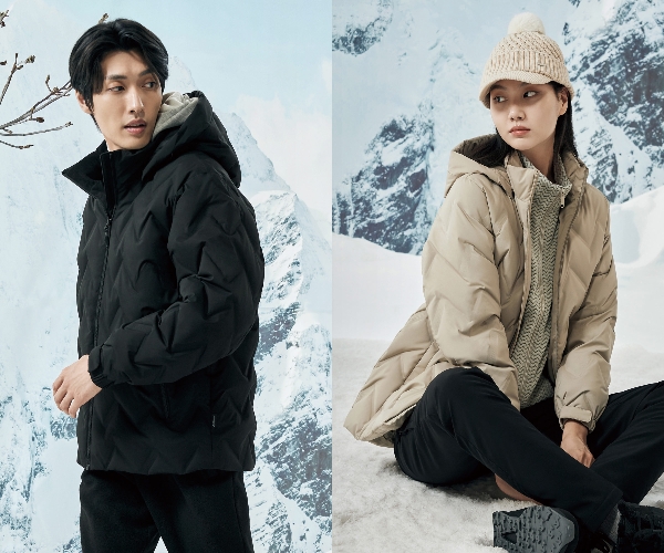 레드페이스 엠보 튜브 테크 다운 후디 재킷(왼쪽), 엠보 튜브 테크 다운 후디 우먼 재킷