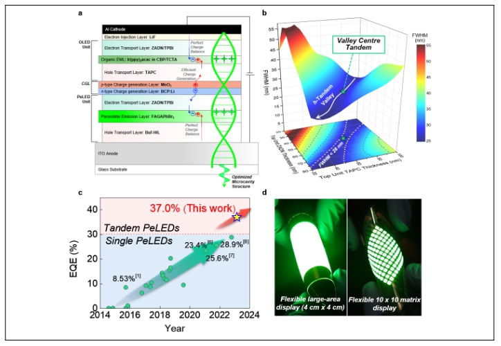 하이브리드 탠덤 페로브스카이트 발광다이오드의 개념도 및 소자 효율(과학기술정보통신부 제공)