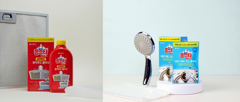 LG생활건강 홈스타 맥스 렌지후드 클리너(왼쪽)와 샤워기·수전 클리너 [LG생활건강 제공]