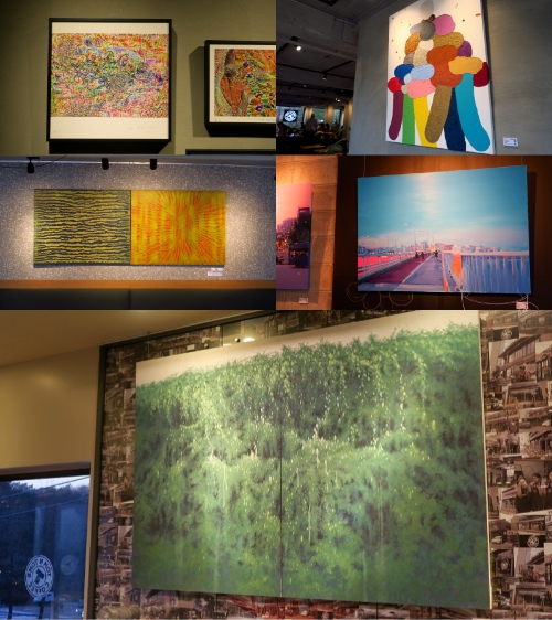 (좌측 위에서부터 반시계방향으로) 이훈석 '확증편향', 강지수 '강박, 홀씨 되어 : Compulsion, A way to Become Dandelion Seeds’, 정연주 ‘Sense of the forest', 이예린 ‘환상도시’, 김연희 'Live in Peace’