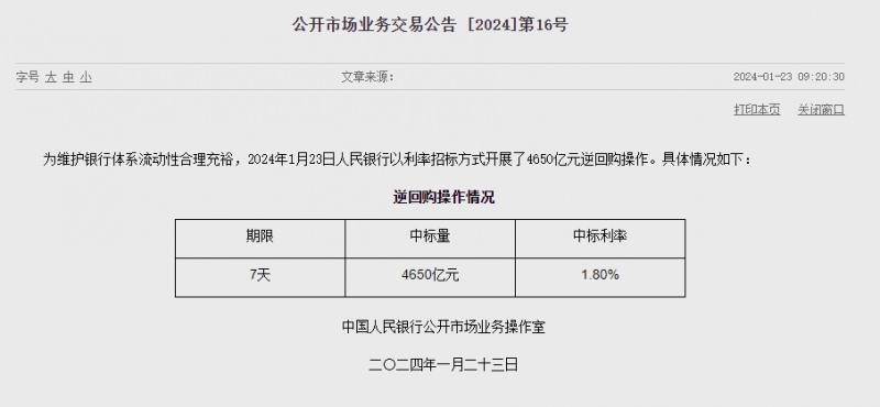 (상보) 중국 인민은행 유동성 2950억위안 순회수...이번주 2620억위안 순회수
