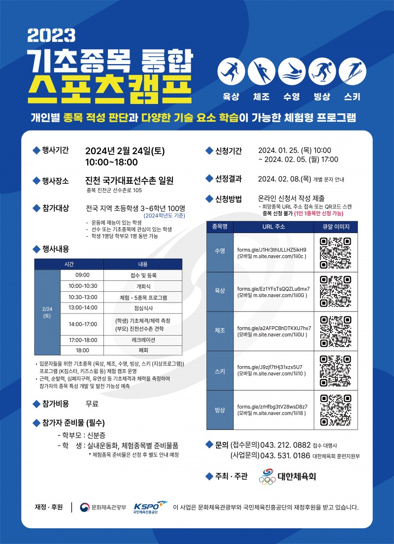 대한체육회, 수영·체조·육상·빙상·스키 등 기초 5개 종목 총 100명 스포츠 캠프 참가자 모집