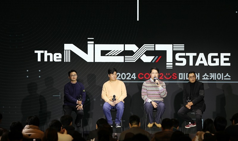 '2024 컴투스 미디어 쇼케이스' 현장. 왼쪽부터 컴투스 김일호 글로벌 사업실장, 모히또게임즈 한성현 대표, 그램퍼스 김지인 대표, 컴투스 한지훈 게임산업부문장(제공 컴투스).
