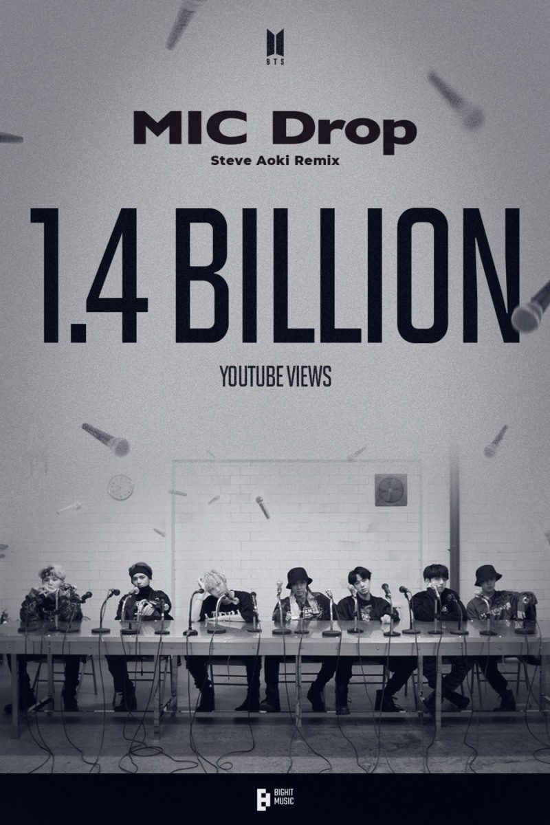 방탄소년단, ‘MIC Drop (Steve Aoki Remix)’ 뮤직비디오 14억 뷰 돌파…‘통산 4번째 14억 뷰 뮤직비디오 보유’