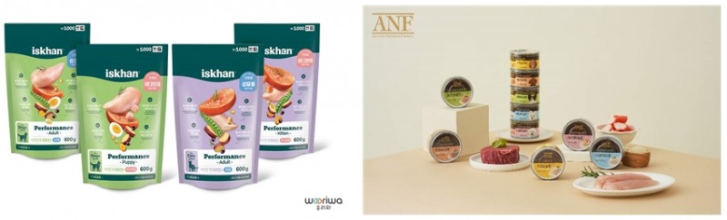사진=(좌)소포장으로 휴대가 용이한 우리와㈜ 이즈칸 ‘다이소 맞춤 영양 사료 4종’와 ANF ‘독&캣 캔’