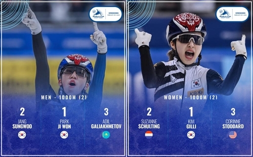 사진=월드컵 5차 대회 남녀 1,000m 1,2차 레이스 동반 금메달박지원(왼쪽)과 김길리(오른쪽)