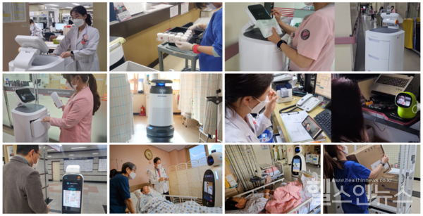 한림대성심병원은길안내,약배송로봇등7종73대의료서비스로봇을의료현장에실제투입해실증을진행했다.