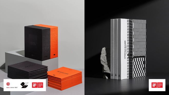 세계 3대 디자인 어워드 ‘브랜드 가이드라인 & 디자인 전략’ 부문에서 그랜드 슬램을 달성한 ‘OUR CREED’(왼쪽)와 건설 업계 최초로 ‘iF 디자인 어워드’에서 건설 기록물로 ‘도서’ 부문 본상을 수상한 ‘Lifestyle Builder’/ 사진=DL이앤씨 제공