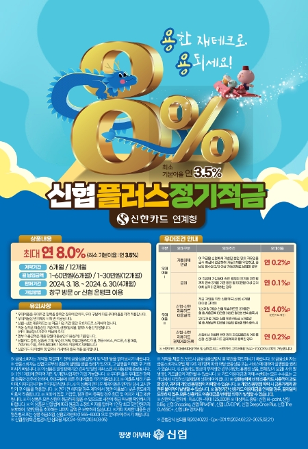 신협, 연 최고 8% 금리 신한카드 연계 ‘플러스정기적금’ 출시