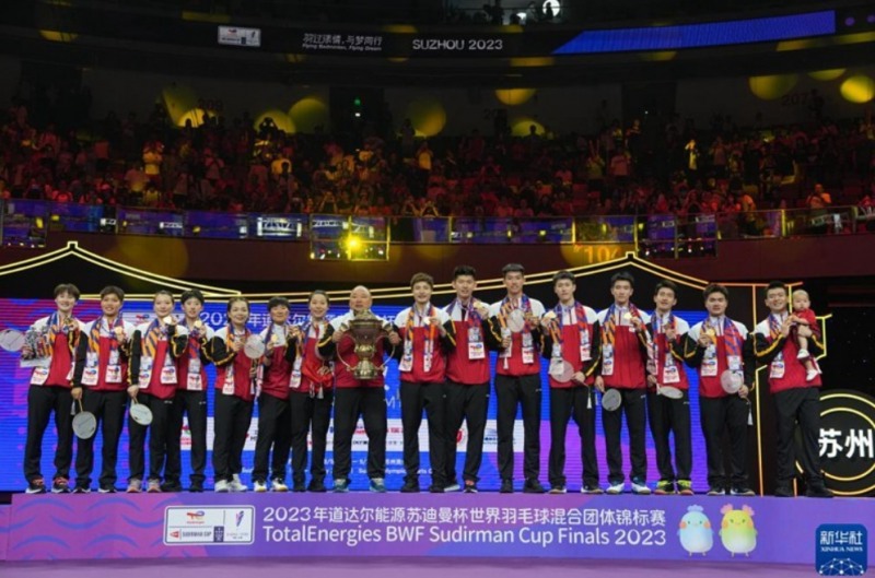 중국은 지난 해 배드민턴 혼성 세계선수권대회인 수디르만컵에서 한국을 3-0으로 꺾고 우승을 차지했다. 사진은 중국 선수들의 시상식 모습. [중국 신화 통신 사진 캡처]