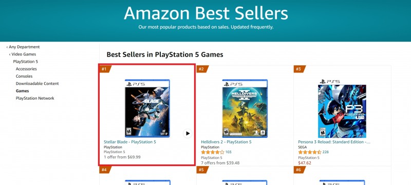 2일 아마존 플레이스테이션5 게임 판매 순위(출처=아마존 공식 홈페이지).