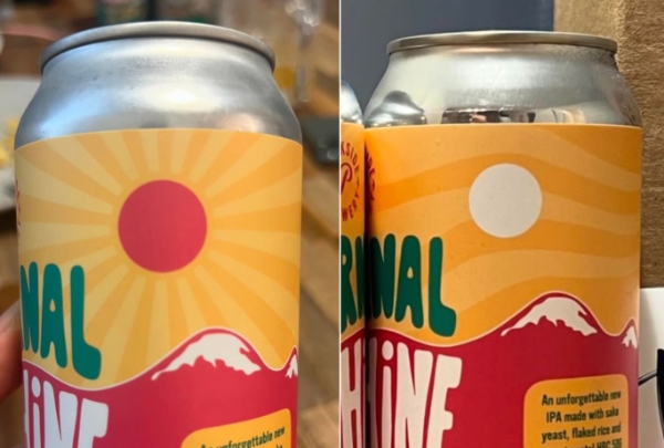벤쿠버에서 새롭게 출시된 맥주 커버의 욱일기 문양(좌), 한인의 항의로 바뀐 맥주 커버 디자인(우)