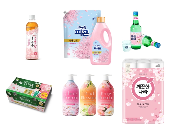 (좌측 상단부터 시계방향) '광동 옥수수수염차' 벚꽃 에디션, 피죤 '고농축 피죤 실내건조 체리블라썸', 무학 '좋은데이 벚꽃 한정판', '깨끗한나라 벚꽃 로맨틱', 해피바스 '블로썸 바디워시', 풀무원다논 '액티비아 컵 플레인 봄 특별기획팩' (이미지제공=각 사)