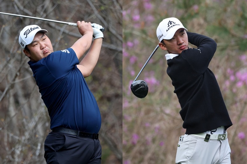 김찬우(좌) 14번 아이언티샷과 윤상필(우) 2번홀 드라이브 티샷 사진=KPGA