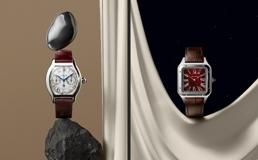 (좌) 까르띠에 프리베 똑뛰 싱글 푸쉬 버튼 크로노그래프 워치 의무적 포토 크레딧 명시: © CARTIER © MAUD REMY LONVIS (우) 산토스 뒤몽 리와인드. 의무적 포토 크레딧 명시: © CARTIER © MAUD REMY LONVIS