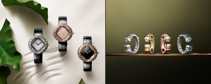 (좌) 동물 세계에서 영감을 받은 애니멀 주얼리 워치 의무적 포토 크레딧 명시: © CARTIER © MAUD REMY LONVIS (우) 시간의 신비를 선사하는 리플렉션 드 까르띠에 워치. 의무적 포토 크레딧 명시: © CARTIER © MAUD REMY LONVIS