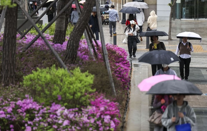비가 내린 지난 15일 서울 종로구 세종대로에서 우산을 쓴 시민들이 이동하고 있다.
