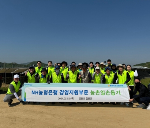 NH농협은행 경영지원부문 임직원들이 일손돕기에 앞서 기념사진 촬영을 하고 있다. / 사진=NH농협은행 제공