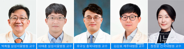 (왼쪽부터)삼성서울병원방사선종양학과박희철·이태훈교수,충북대병원방사선종양학과유규상교수,제주대병원방사선종양학과김강표교수,건국대병원방사선종양학과장정윤교수