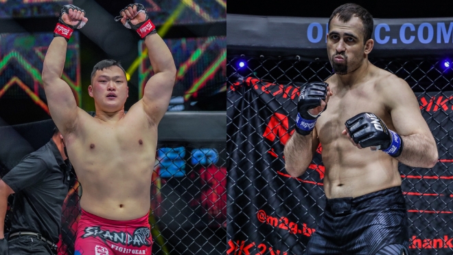 종합격투기 KO승률 100% 강지원(왼쪽), 원챔피언십 헤비급 잠정 챔피언 결정전 및 유러피언 게임 레슬링 그레코로만형 금메달 출신 크를 흐롄코. 사진=ONE Championship 제공