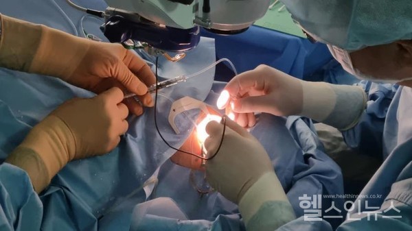 서울대병원안과박규형·윤창기교수가럭스터나유전자치료수술을중유전자를망막에주입하고있다.