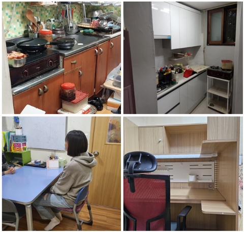 (왼쪽 위부터 시계방향으로) 주거개보수(주거비) 지원 전과 후, 학습환경조성(교육비) 지원, 심리치료 지원 모습