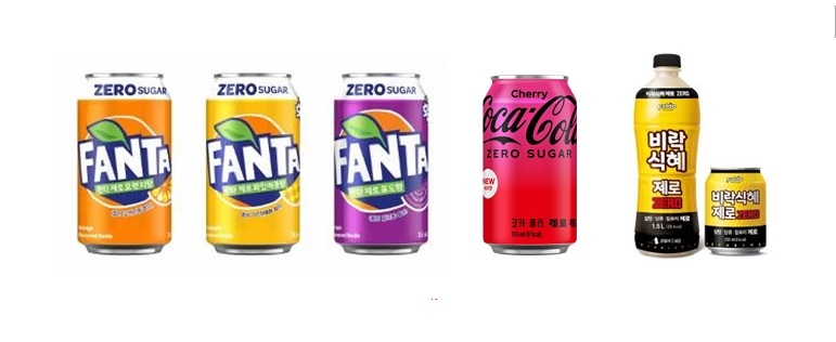 ▲ (좌측부터) 환타 제로 3종, 코카-콜라 제로 체리, 비락식혜 제로(사진제공=코카-콜라사, 팔도)