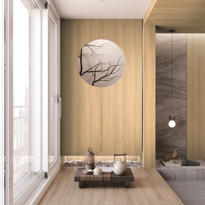 환경표지인증을 획득한 '베니프 - 우드 패턴'이 시공된 거실공간 / 사진=LX하우시스 제공