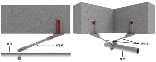 기존 2방향 흔들림 방지 버팀대(왼쪽) 및 녹색기술 인증을 취득한 4방향 흔들림 방지 버팀대(오른쪽) / 이미지=롯데건설 제공
