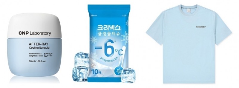 ▲ CNP '애프터-레이 쿨링 선퀴드', 유한킴벌리 ‘크리넥스 쿨링 물티슈’, 디스커버리 익스페디션 ‘프레시벤트 그래픽 반팔티셔츠’ (왼쪽부터)