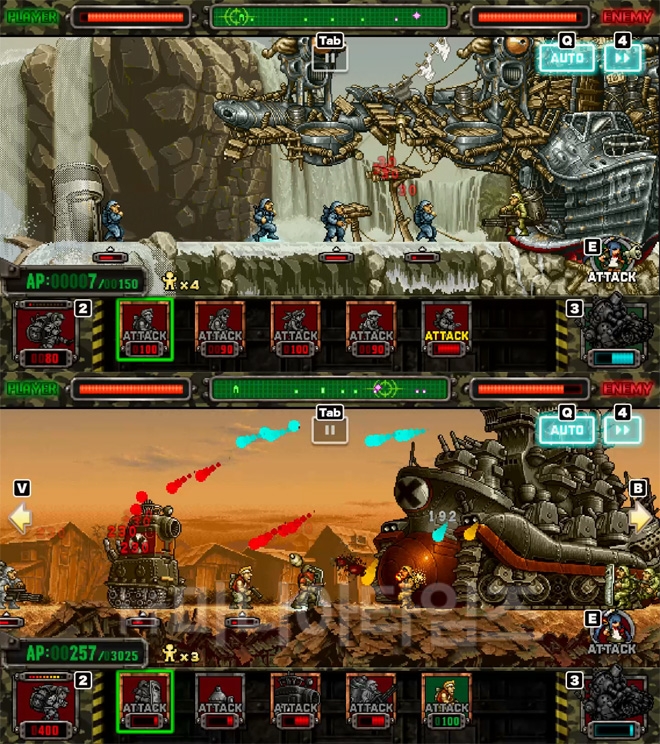 '메탈슬러그 어택 리로디드' 인게임 화면. 1스테이지의 보스(위)와 2스테이지의 보스(아래)다. 각 지역으 마지막에 등장하는데 난이도가 상당히 높다.