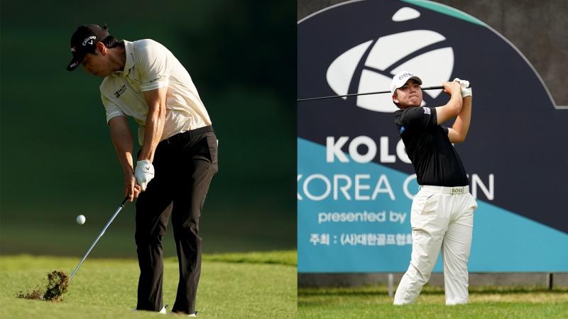 코오롱 한국오픈 1라운드 배상문 10번홀 세컨드샷(좌), 장유빈 10번홀 티샷(우) 사진=코오롱한국오픈조직위제공