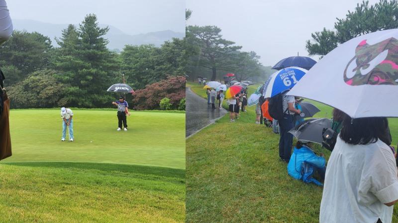 코오롱 제66회 한국오픈 우천으로 첫번째 경기중단 후 경기재개 9번홀 그린 조우영 버디펏(좌), 두번째 경기중단 후 9번홀 갤러리 사진(우)
