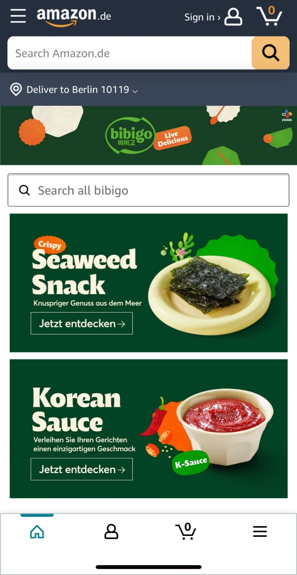 독일 아마존에 공식 입점한 CJ제일제당 비비고 스토어에서 판매중인 김과 K-소스 / 사진=CJ제일제당 제공