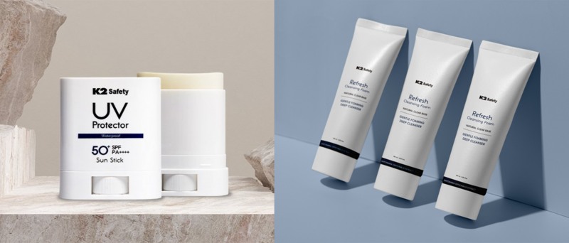 사진=K2 Safety의 UV 프로텍터 선스틱, 리프레시 클렌징폼(왼쪽부터)