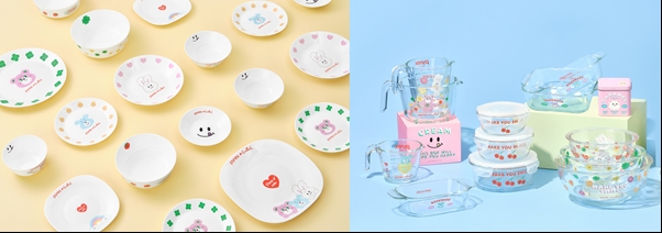 파이렉스 노티드 밀크글라스(왼쪽), 파이렉스 노티드 베이크웨어 및 저장용기