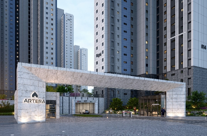 금호건설은 신규 주거 브랜드 ‘아테라(ARTERA)’에 적용하기 위한 ‘아테라 익스테리어 디자인’ 개발을 완료했다고 3일 밝혔다. 사진은 아테라 주출입구 외관 디자인. (사진 = 금호건설 제공)