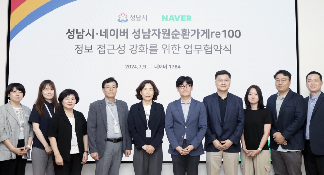 네이버와 성남시는 지난 9일 ‘네이버 스마트플레이스 연동을 통한 성남자원순환가게re100 정보 접근성 개선’을 골자로 하는 업무협약(MOU)을 체결했다고 10일 밝혔다. 사진은 9일 네이버 1784에서 진행된 MOU 체결식에서 (좌측부터)성남시 자원재활용팀 황영숙 주무관, 최서영 주무관, 신용자 팀장, 환경정책과 김준효 과장, 환경보건국 허은 국장, 임동아 네이버 대외/ESG정책 리더, 송재빈 네이버 플레이스 검색 리더, 네이버 Green Partnership 조성엽, Green Partnership 김진일, 대외/ESG정책 이은석이 기념촬영을 하는 모습. (사진 = 네이버 제공)