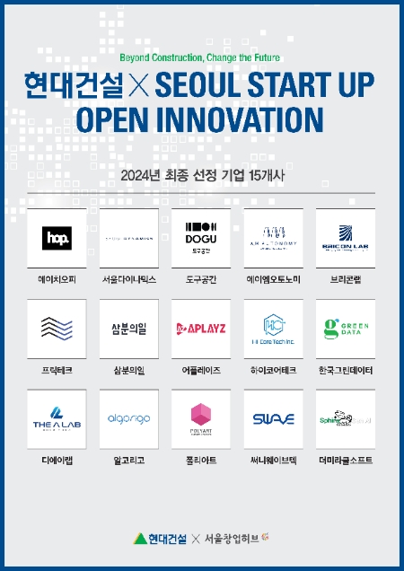 현대건설은 우수 스타트업을 지원·육성하기 위한 공모전 ‘2024 현대건설 x Seoul Startup Open Innovation(서울 스타트업 오픈 이노베이션)’을 통해 혁신 기술을 보유한 15개 기업을 선정했다고 10일 밝혔다. 사진은 ‘2024 현대건설 x Seoul Startup Open Innovation의 2024년 최종 선정 기업 15개사. (사진 = 현대건설 제공)