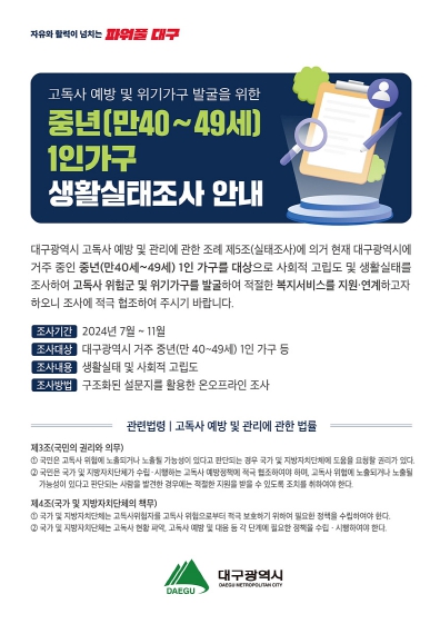 대구시 고독사 예방 및 위기가구 발굴 위한 생활실태조사 실시