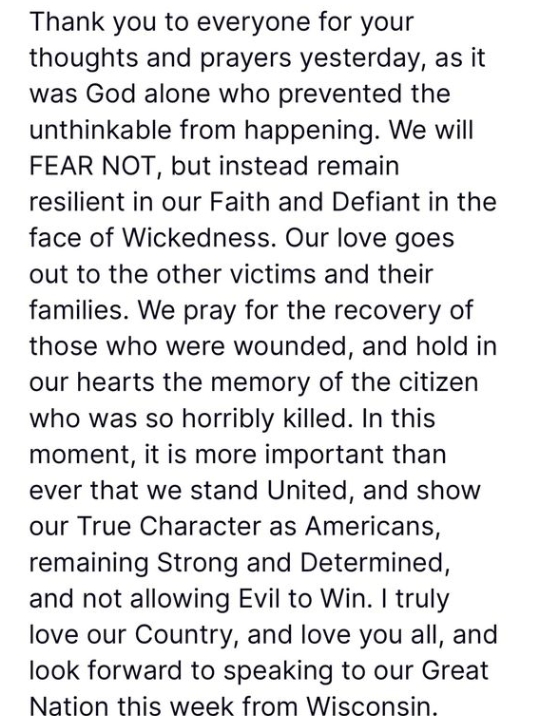 자료: 도널드 트럼프 전 미국 대통령의 페이스북 메시지