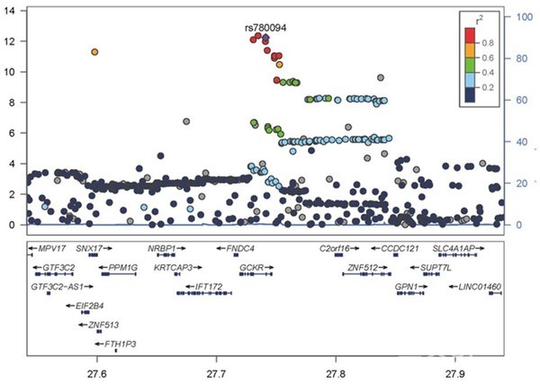 연구팀은염기서열100만개를분석했고여러유전자변이중rs780094가그래프상단에위치하며대사이상연관지방간질환과높은연관성을보였다