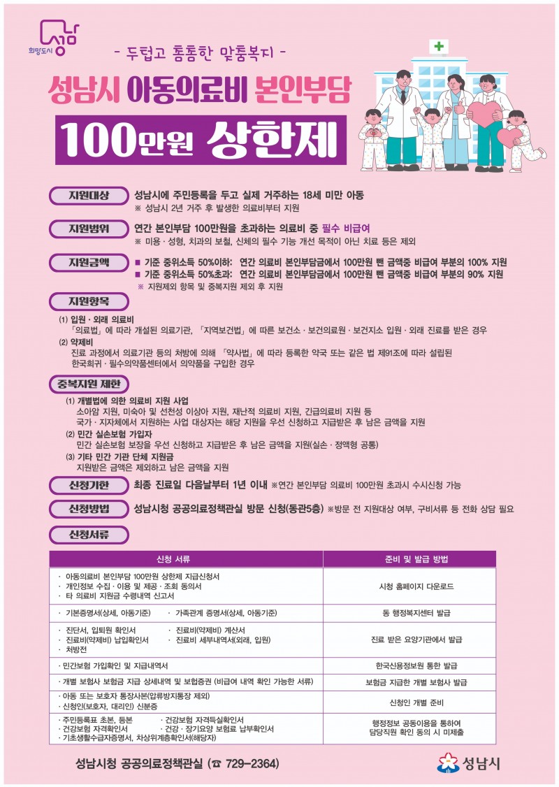 성남시, 아동의료비 본인부담 100만원 상한제 지원액 3배 늘어