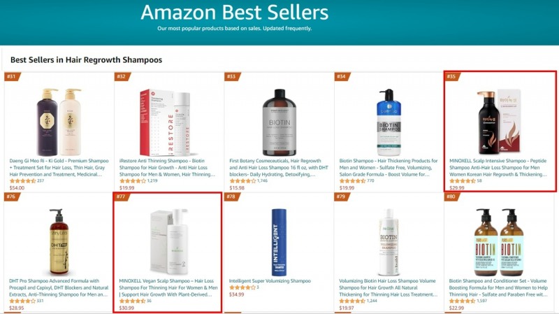 현대약품 마이녹셀의 ‘스칼프 인텐시브 샴푸’와 ‘비건 스칼프 샴푸’가 미국 아마존 프라임데이 행사에서 뷰티&퍼스널케어 카테고리 Hair Regrowth 부문 판매량 35위, 77위를 기록했다. (현대약품 제공)