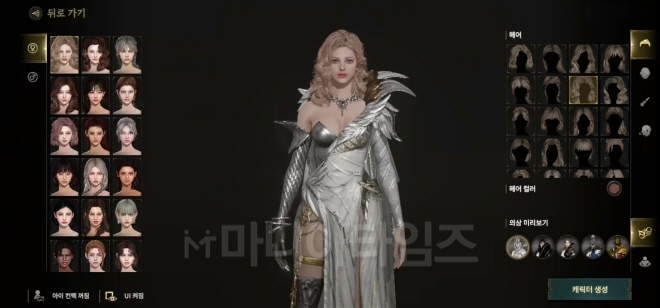 '로드나인' 인게임 화면. 캐릭터는 남녀 중 하나를 고를 수 있으며, 머리카락이나 눈 등을 커스터마이징 할 수 있다. 최근 성인 게임에서 보이는 가슴 등 몸매의 세부적인 조정은 불가능했다.