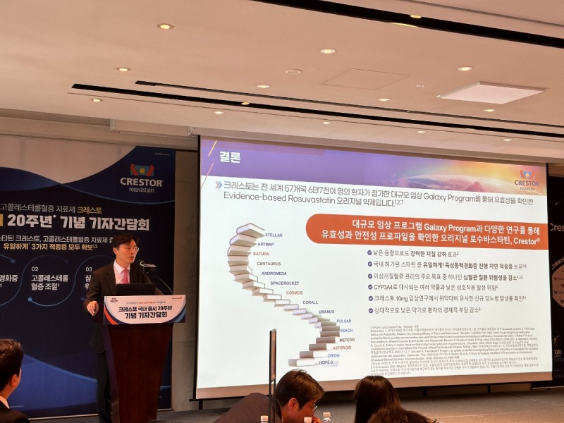 크레스토 20주년 기자간담회 '뉴 유니버스 비긴'에서 양정훈 삼성서울병원 순환기내과 교수가 크레스토의 임상시험 결과와 효능에 대해서 설명하고 있다. (헬스인뉴스 촬영)