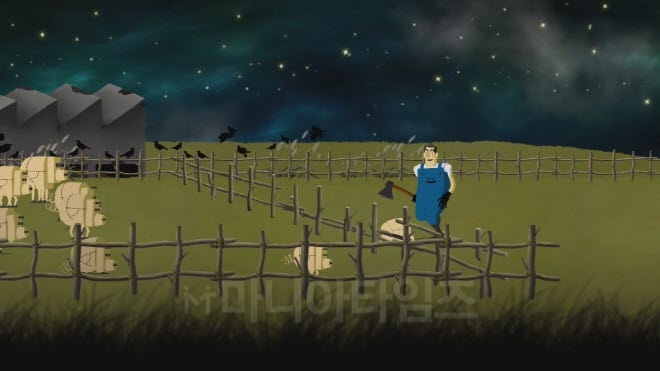 '피그로맨스' 인게임 화면. 돼지들은 모두 부위를 표시한 점선이 표시돼 있다. 파란 멜빵바지를 입고 있는 사람이 메인 빌러인 커팅맨이다. 멜빵바지의 웃고 있는 귀여운 얼굴이 눈길을 끈다.