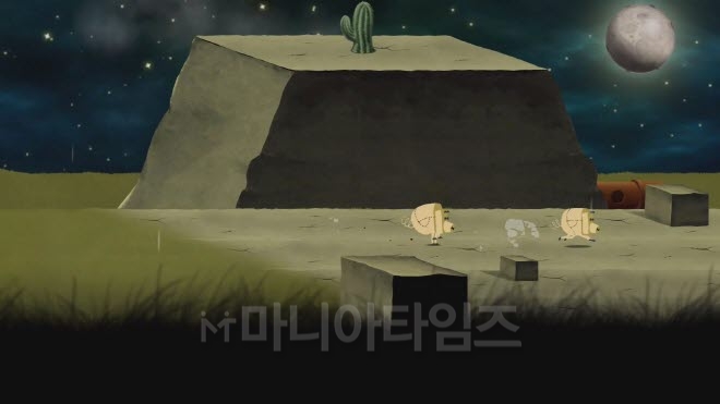 '피그로맨스' 인게임 화면. 앞에 같이 도망가고 있는 돼지가 이 게임의 히로인, 아니 히로돈(豚)이라고 할 수 있는 친구 돼지다. 처음에 조작법을 알려준다.